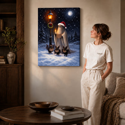festive ghost choir canvas art on gallery-wrapped canvas with natural edge shading beside a standing woman.
