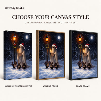 festive ghost choir canvas art compared across gallery-wrapped canvas, walnut frame, and black frame finishes.