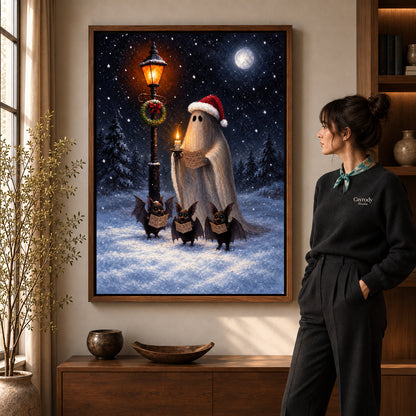 festive ghost choir canvas art shown in the walnut frame option within a warm living room.