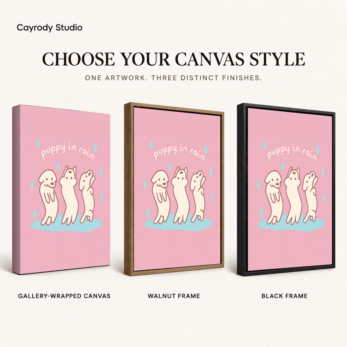rain dancing puppies canvas art compared across gallery-wrapped canvas, walnut frame, and black frame finishes.