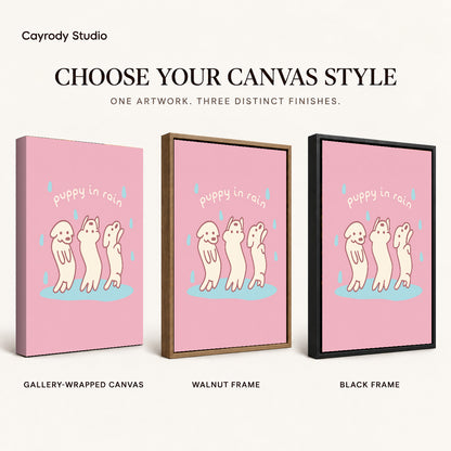 rain dancing puppies canvas art compared across gallery-wrapped canvas, walnut frame, and black frame finishes.