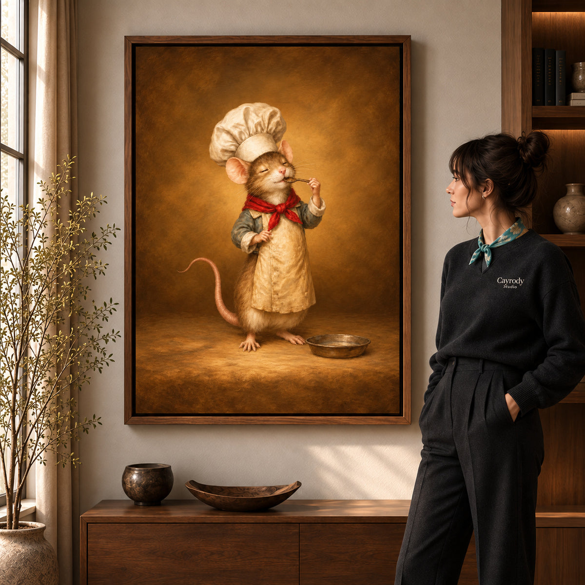 little mouse chef canvas art in a walnut frame beside a standing woman and wooden console.