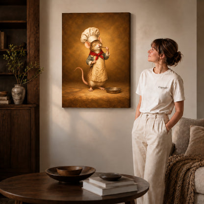 little mouse chef canvas art on gallery-wrapped canvas with natural edge shading beside a standing woman.