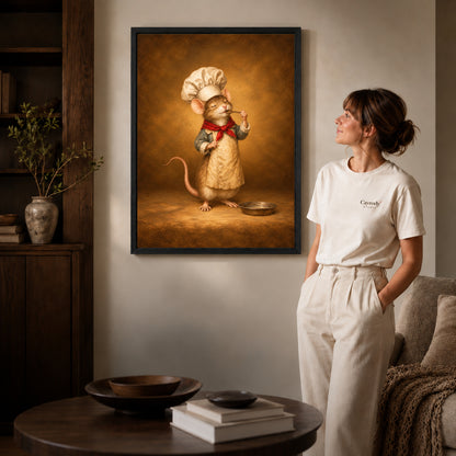 little mouse chef canvas art in a black frame beside a woman and round wooden table.