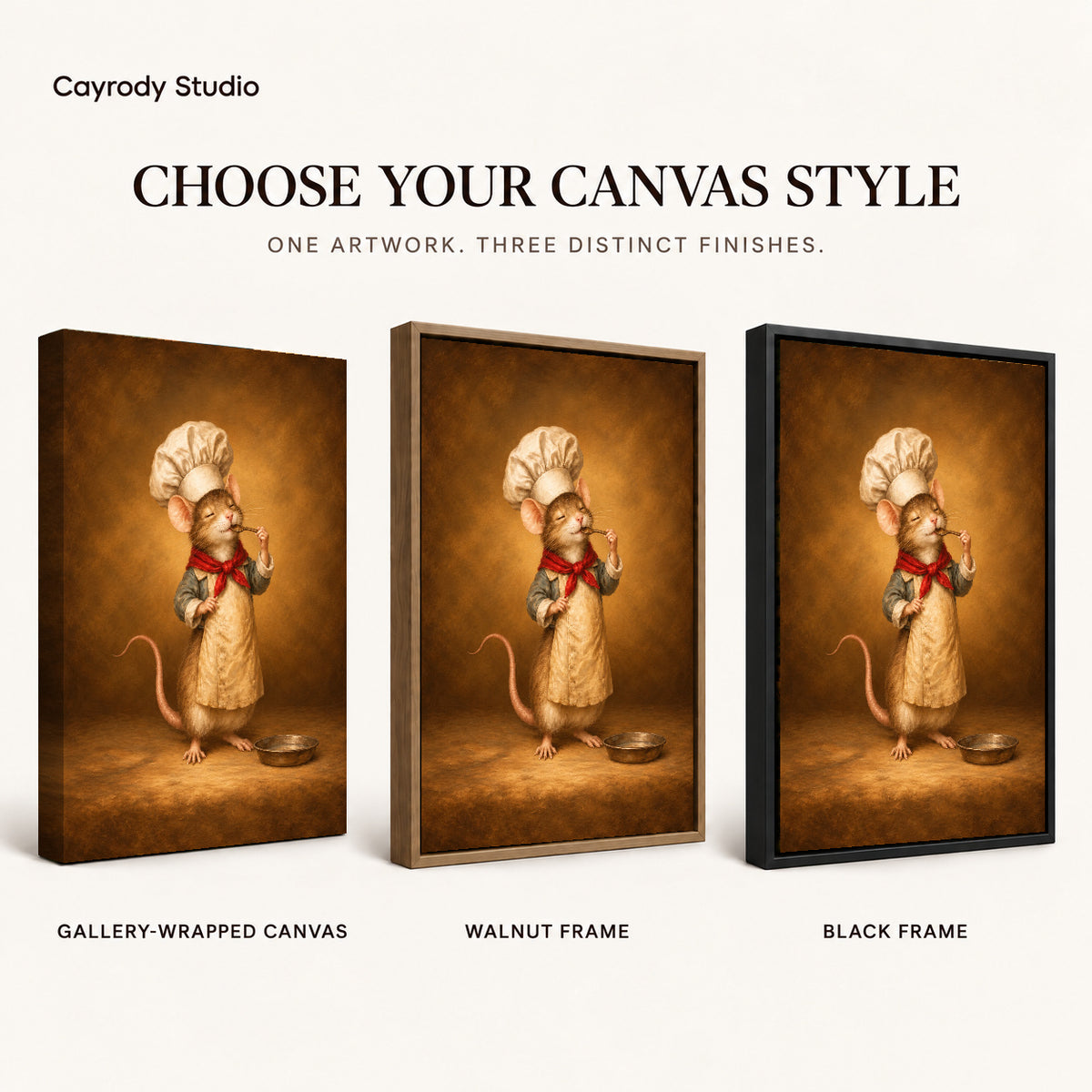 little mouse chef canvas art compared across gallery-wrapped canvas, walnut frame, and black frame finishes.