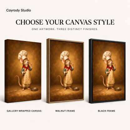 little mouse chef canvas art compared across gallery-wrapped canvas, walnut frame, and black frame finishes.