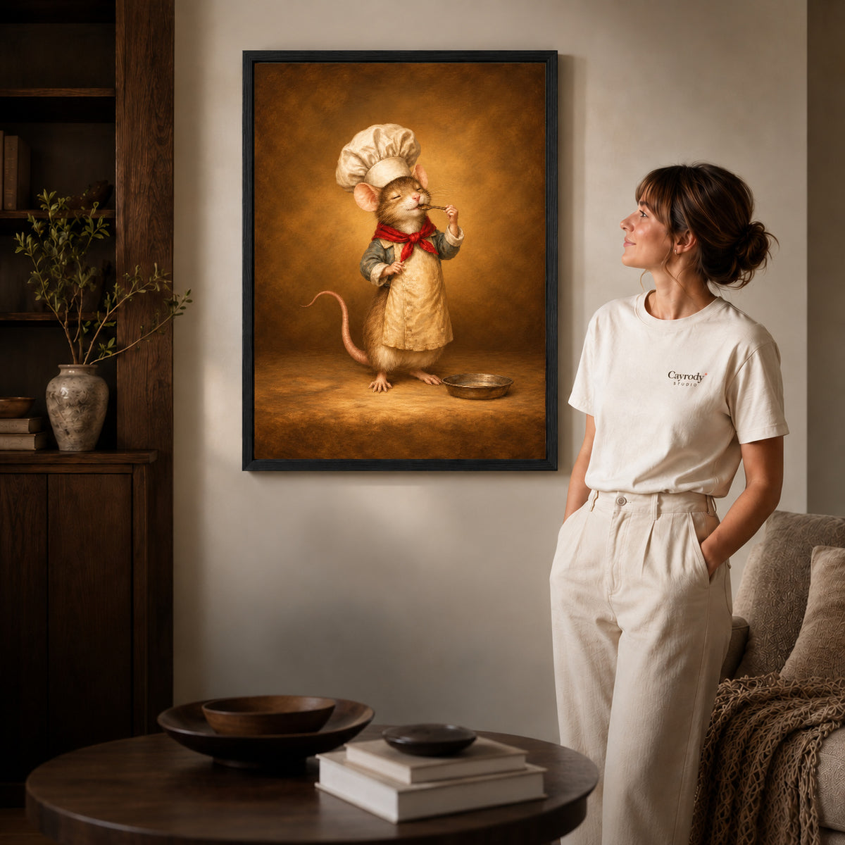 little mouse chef canvas art shown in the black frame option against a softly lit wall.