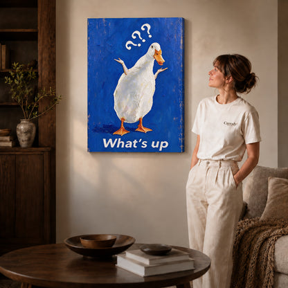 curious shrugging duck canvas art on gallery-wrapped canvas with natural edge shading beside a standing woman.