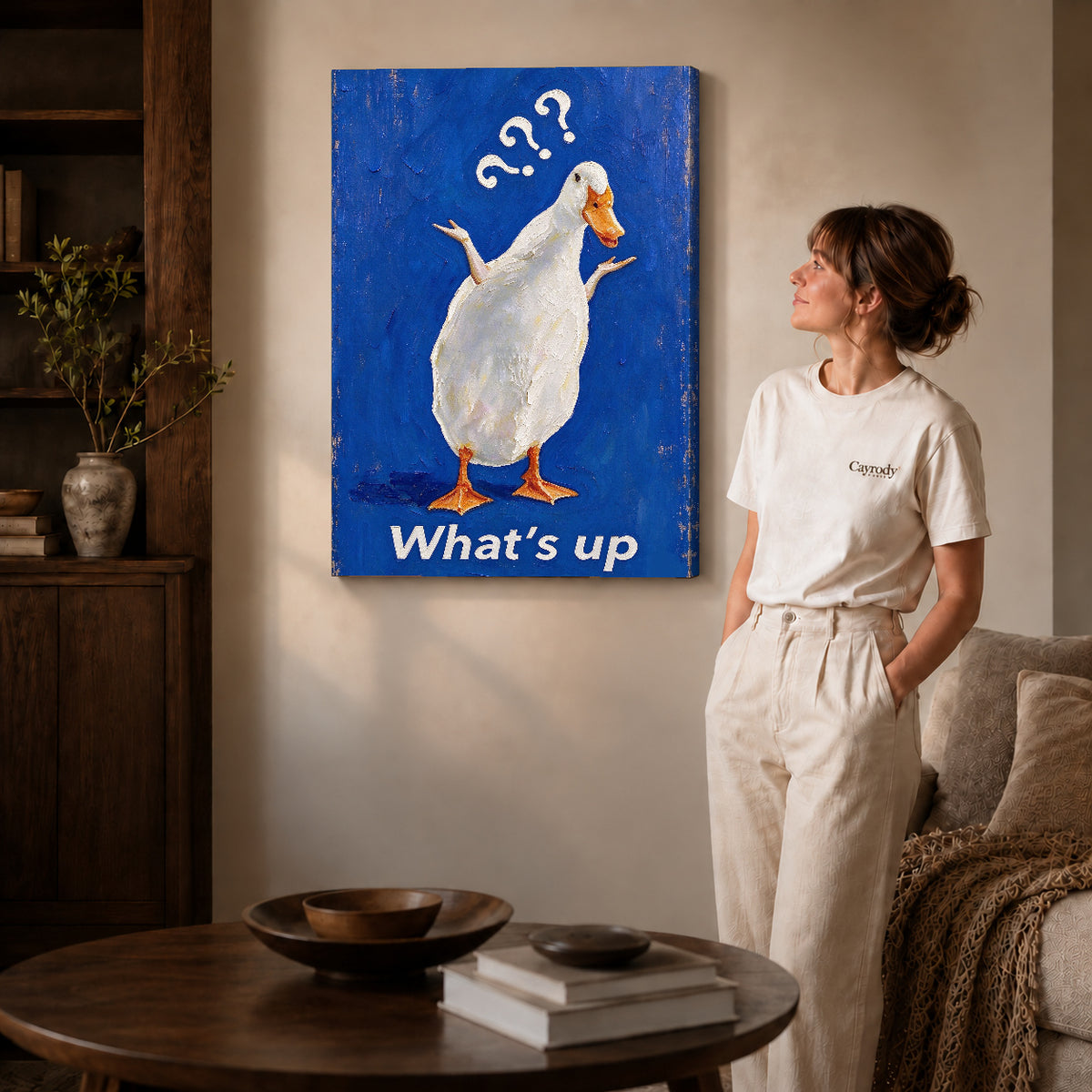 curious shrugging duck canvas art shown in the gallery-wrapped option with visible depth and warm surroundings.