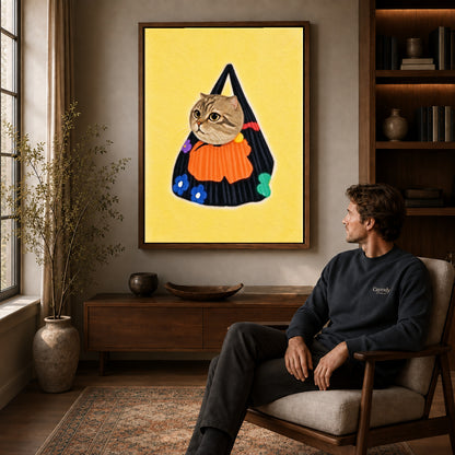 tabby tote companion canvas art in a walnut frame above a console beside a seated man.