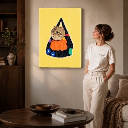 tabby tote companion canvas art on gallery-wrapped canvas with natural edge shading beside a standing woman.