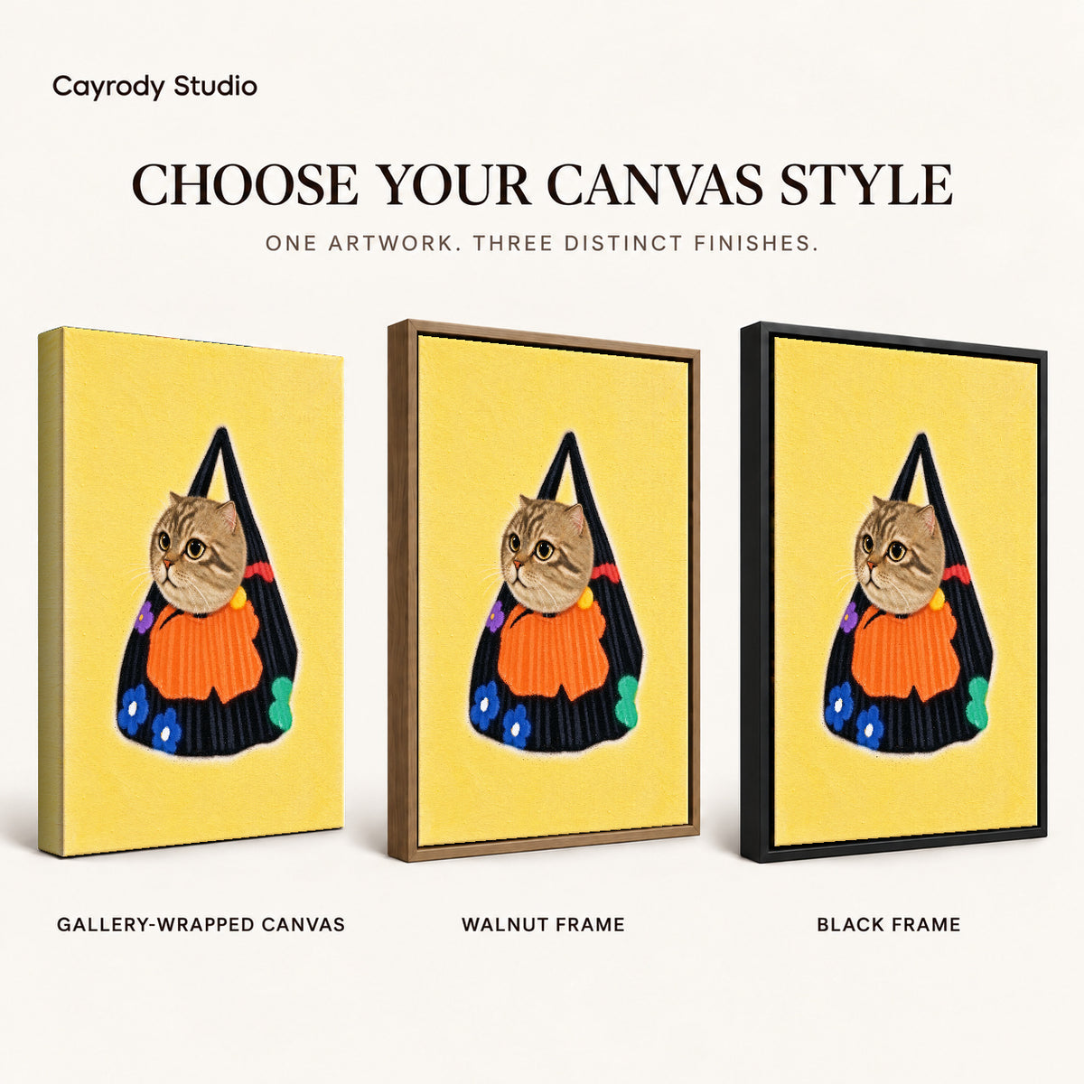 tabby tote companion canvas art compared across gallery-wrapped canvas, walnut frame, and black frame finishes.