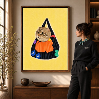 tabby tote companion canvas art shown in the walnut frame option within a warm living room.