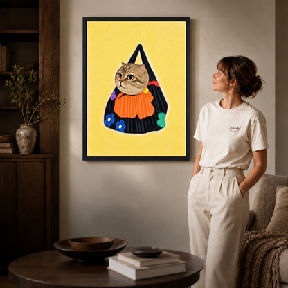 tabby tote companion canvas art shown in the black frame option against a softly lit wall.