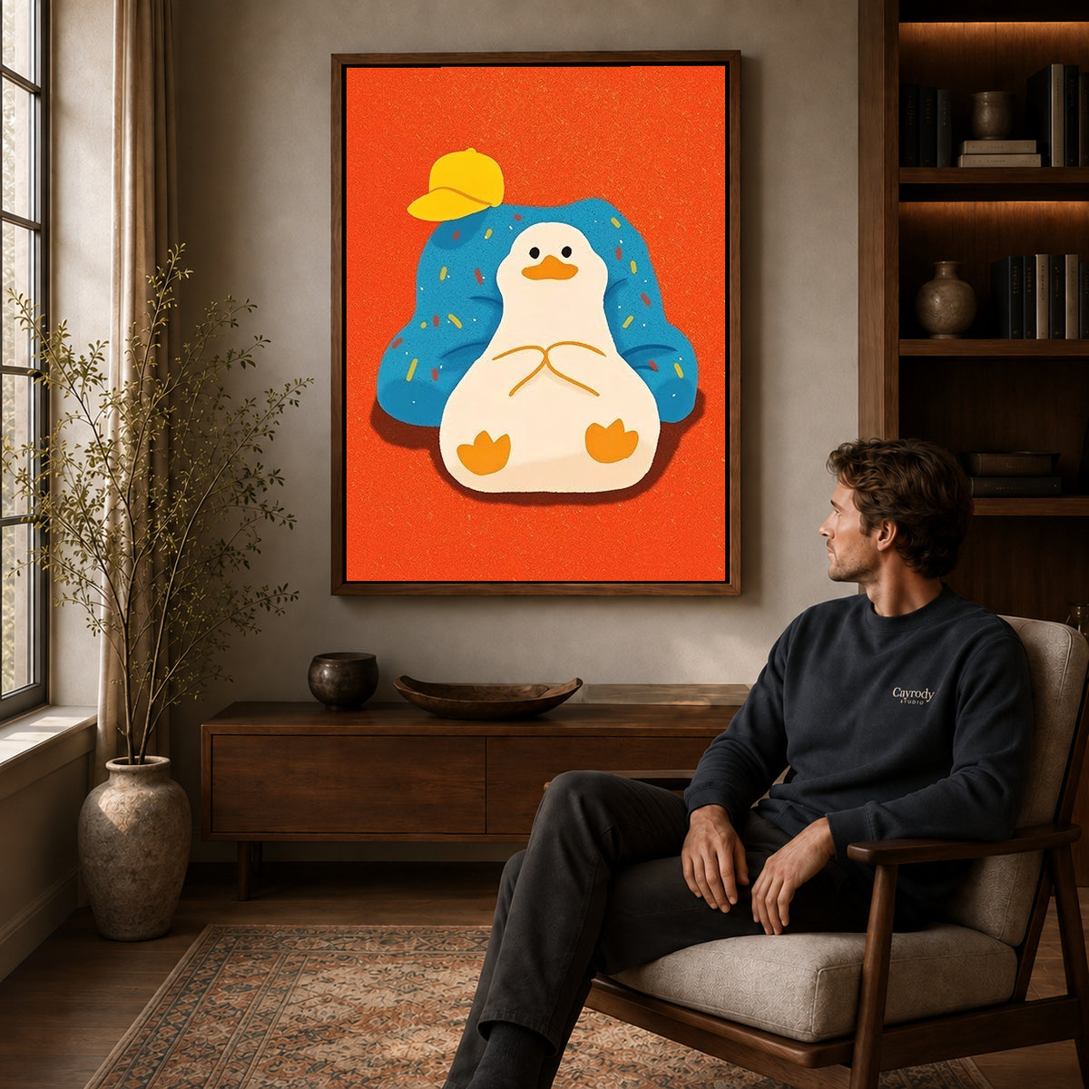 relaxed armchair duck canvas art in a walnut frame above a console beside a seated man.