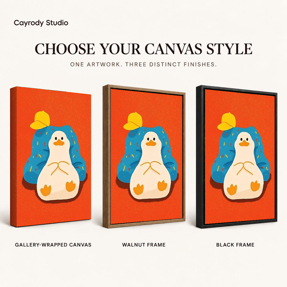 relaxed armchair duck canvas art compared across gallery-wrapped canvas, walnut frame, and black frame finishes.