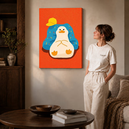 relaxed armchair duck canvas art shown in the gallery-wrapped option with visible depth and warm surroundings.