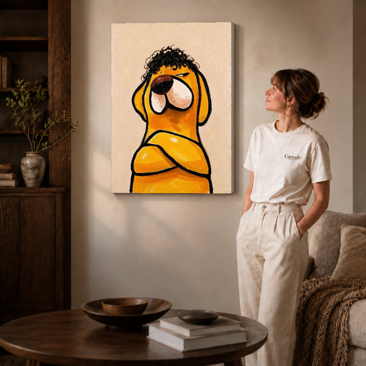 curly haired dog canvas art on gallery-wrapped canvas with natural edge shading beside a standing woman.
