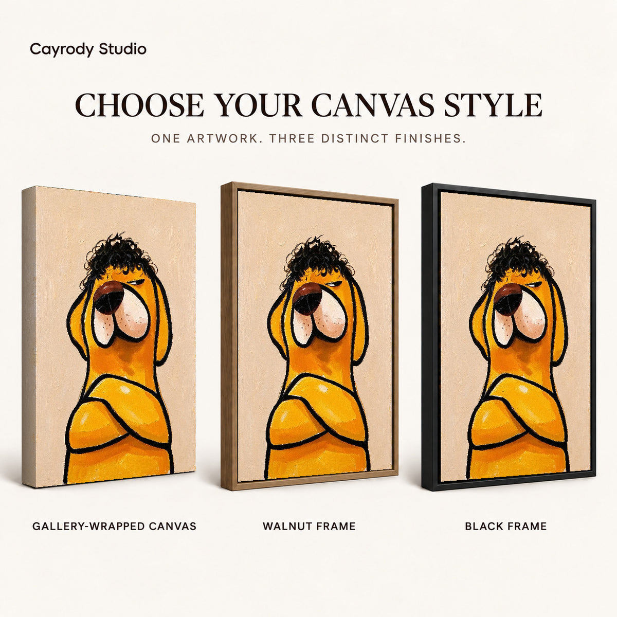 curly haired dog canvas art compared across gallery-wrapped canvas, walnut frame, and black frame finishes.