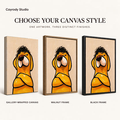 curly haired dog canvas art compared across gallery-wrapped canvas, walnut frame, and black frame finishes.
