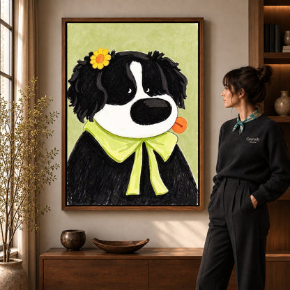 flower bow dog canvas art in a walnut frame beside a standing woman and wooden console.