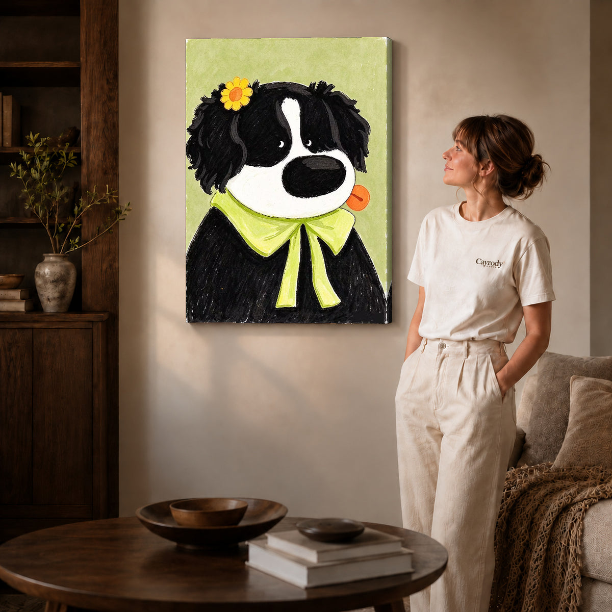 flower bow dog canvas art on gallery-wrapped canvas with natural edge shading beside a standing woman.