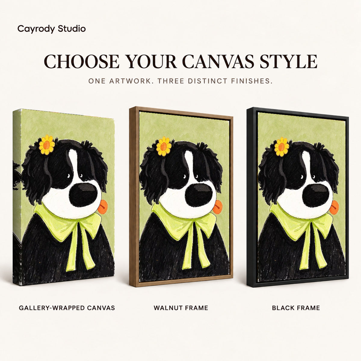 flower bow dog canvas art compared across gallery-wrapped canvas, walnut frame, and black frame finishes.