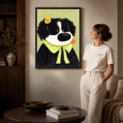flower bow dog canvas art shown in the black frame option against a softly lit wall.