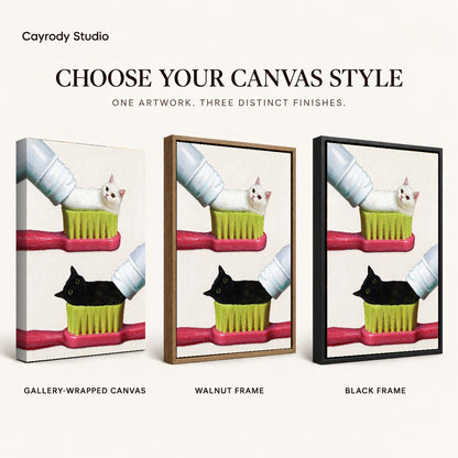 toothpaste kitten duo canvas art compared across gallery-wrapped canvas, walnut frame, and black frame finishes.