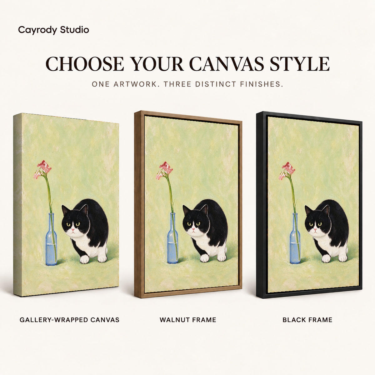 cat flower companion canvas art compared across gallery-wrapped canvas, walnut frame, and black frame finishes.
