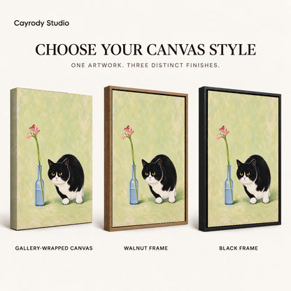 cat flower companion canvas art compared across gallery-wrapped canvas, walnut frame, and black frame finishes.