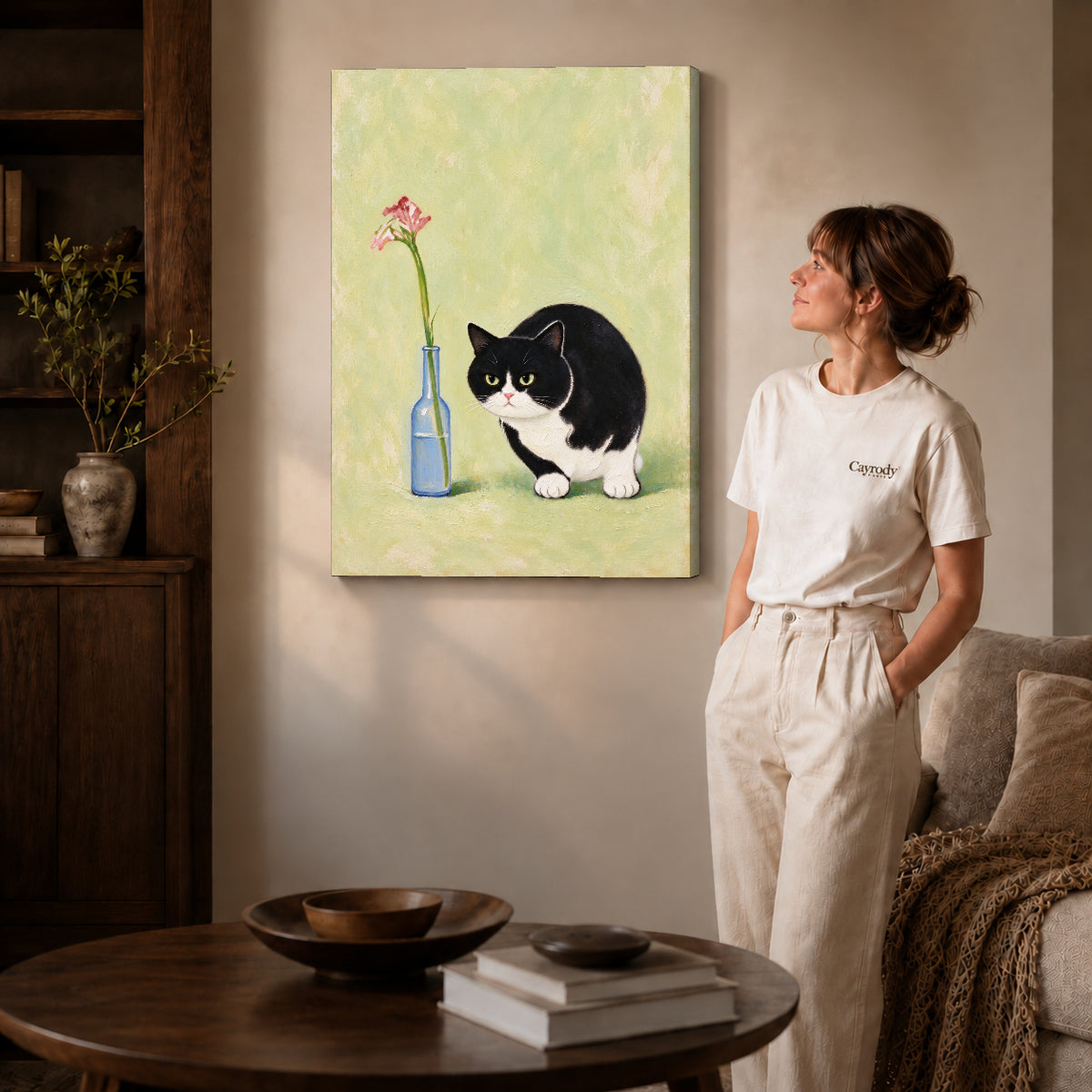 cat flower companion canvas art shown in the gallery-wrapped option with visible depth and warm surroundings.