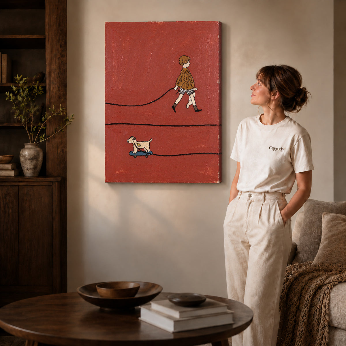 skateboard dog walk canvas art on gallery-wrapped canvas with natural edge shading beside a standing woman.