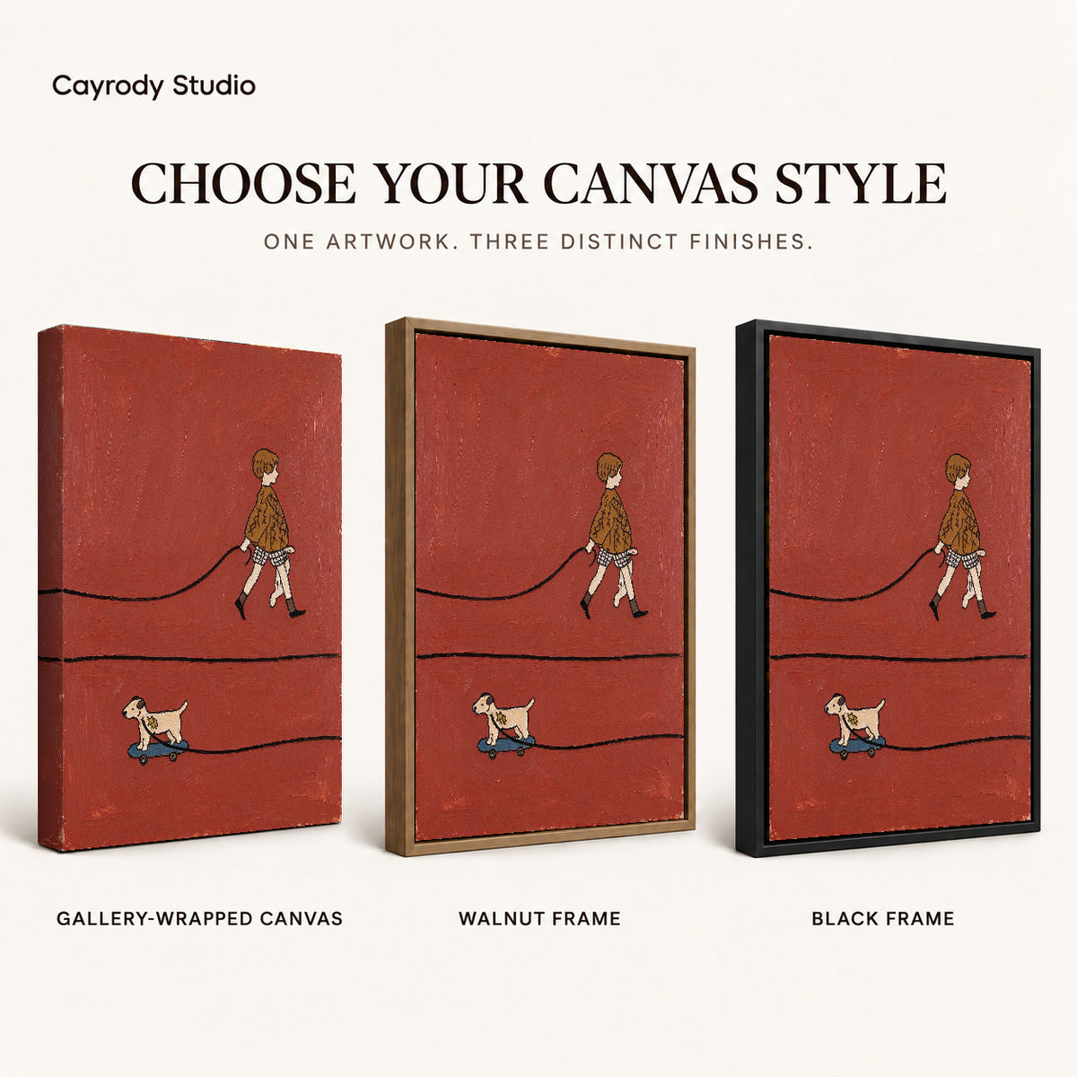 skateboard dog walk canvas art compared across gallery-wrapped canvas, walnut frame, and black frame finishes.
