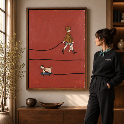 skateboard dog walk canvas art shown in the walnut frame option within a warm living room.