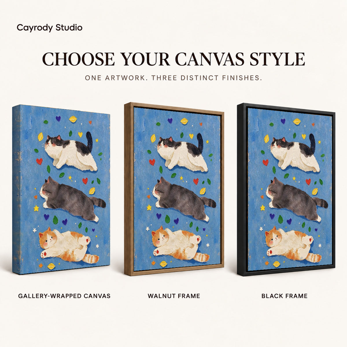 three resting cats canvas art compared across gallery-wrapped canvas, walnut frame, and black frame finishes.
