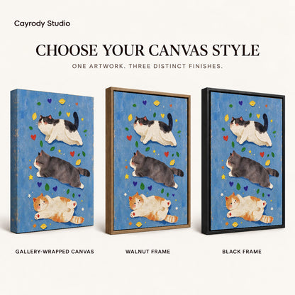 three resting cats canvas art compared across gallery-wrapped canvas, walnut frame, and black frame finishes.