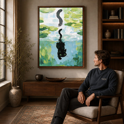 lily pond reflection canvas art in a walnut frame above a console beside a seated man.