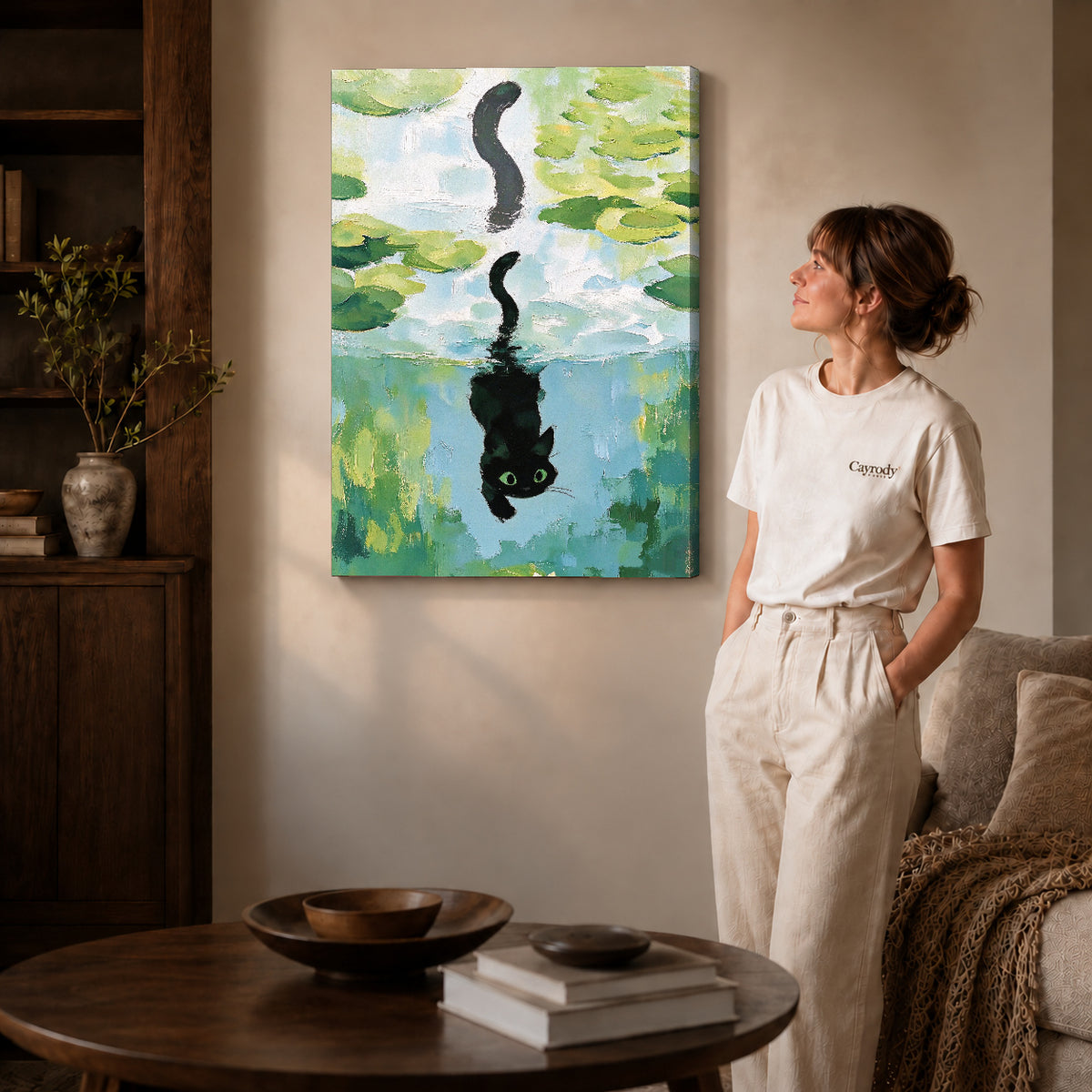 lily pond reflection canvas art on gallery-wrapped canvas with natural edge shading beside a standing woman.