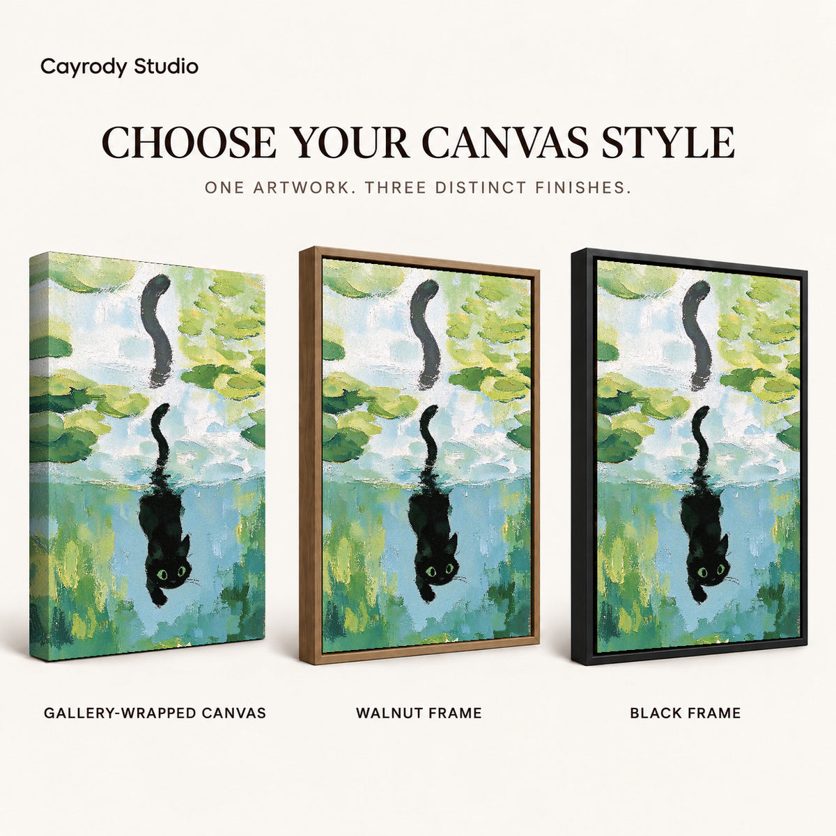 lily pond reflection canvas art compared across gallery-wrapped canvas, walnut frame, and black frame finishes.