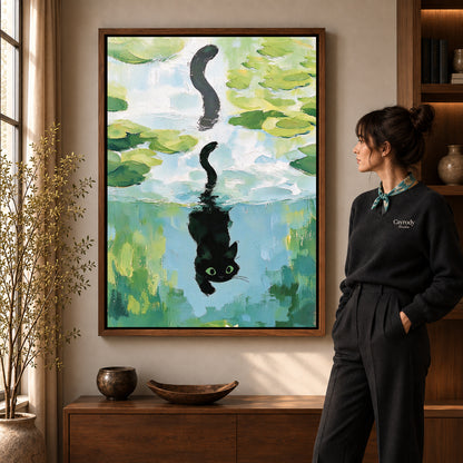 lily pond reflection canvas art shown in the walnut frame option within a warm living room.