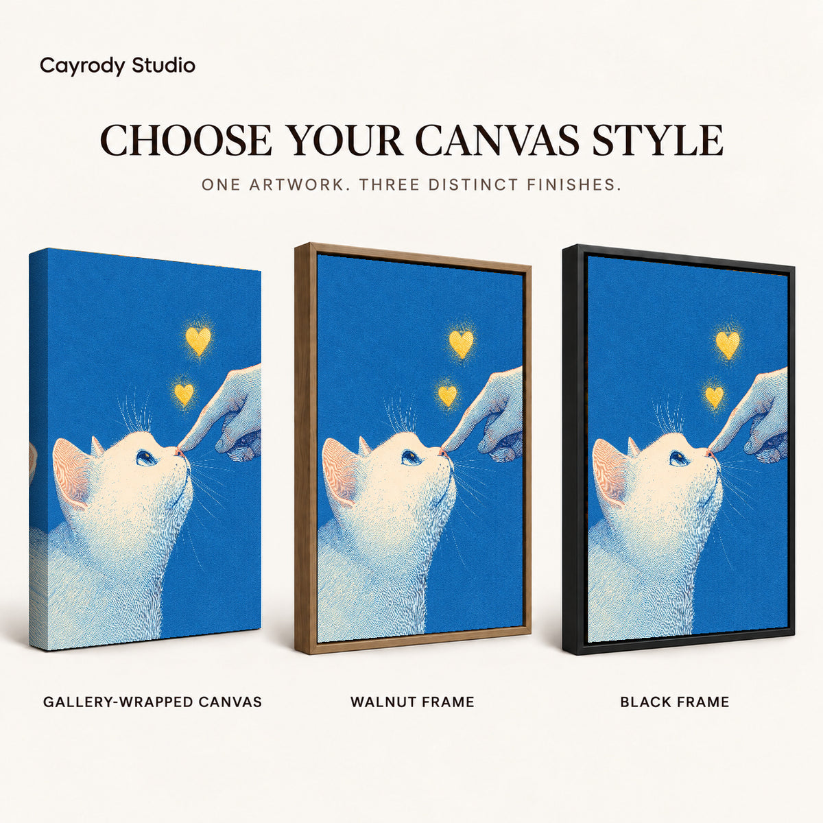 gentle cat greeting canvas art compared across gallery-wrapped canvas, walnut frame, and black frame finishes.