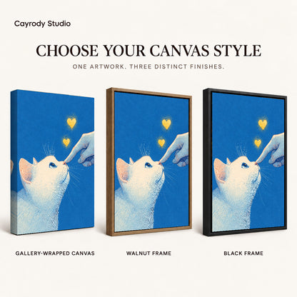 gentle cat greeting canvas art compared across gallery-wrapped canvas, walnut frame, and black frame finishes.