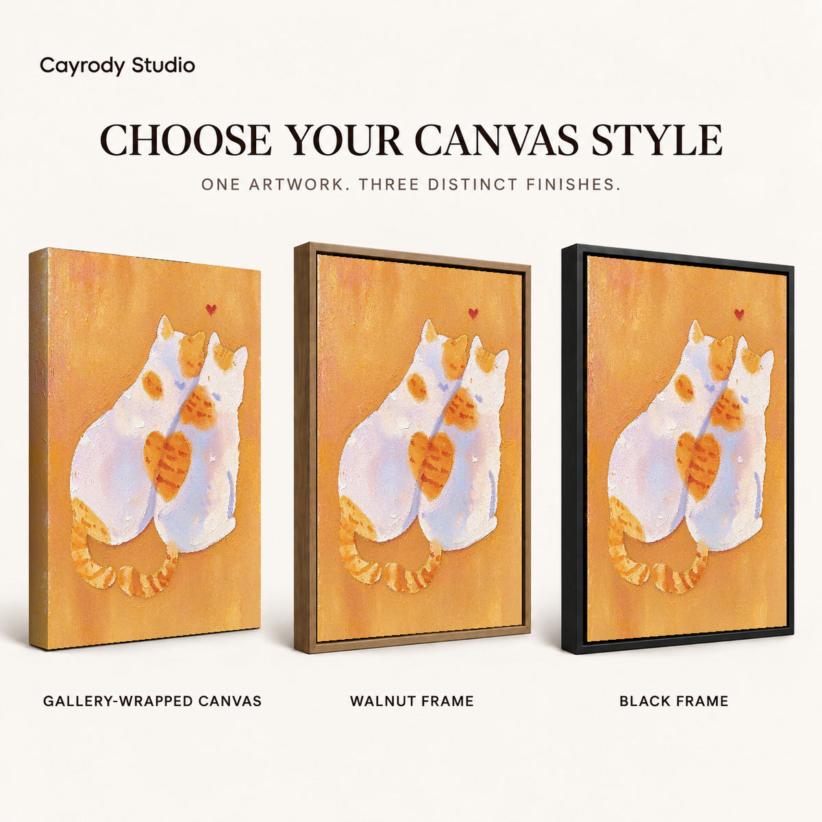 two tender cats canvas art compared across gallery-wrapped canvas, walnut frame, and black frame finishes.