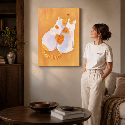 two tender cats canvas art shown in the gallery-wrapped option with visible depth and warm surroundings.