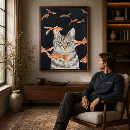 goldfish dreaming cat canvas art in a walnut frame above a console beside a seated man.