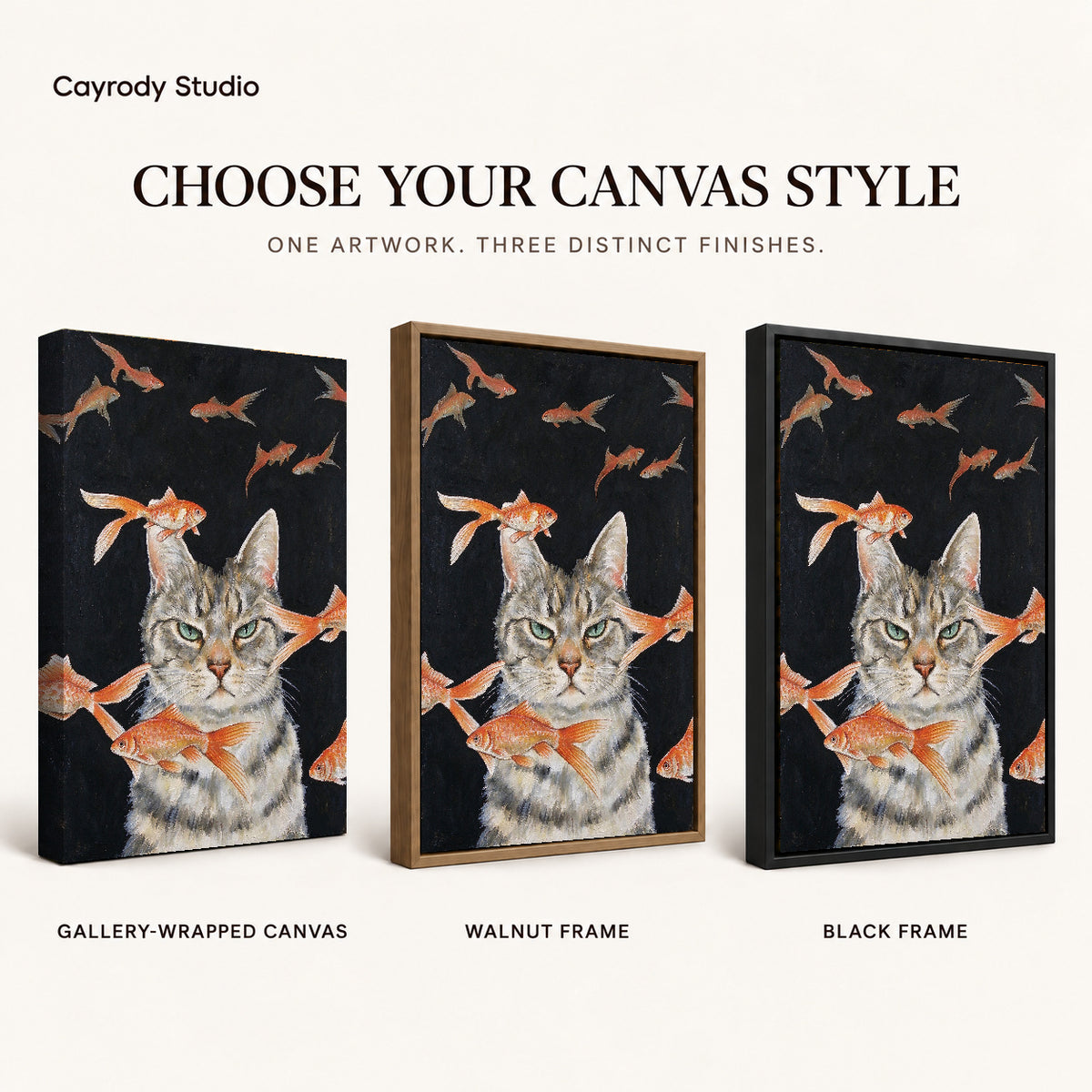 goldfish dreaming cat canvas art compared across gallery-wrapped canvas, walnut frame, and black frame finishes.