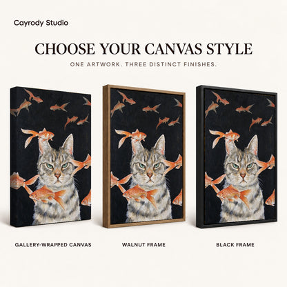 goldfish dreaming cat canvas art compared across gallery-wrapped canvas, walnut frame, and black frame finishes.