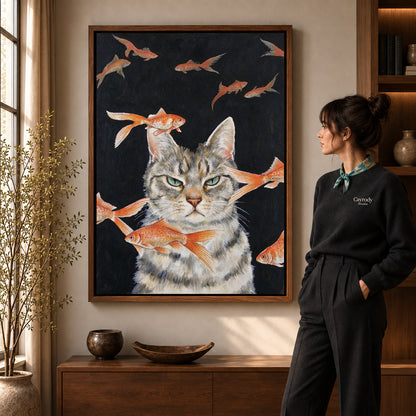 goldfish dreaming cat canvas art shown in the walnut frame option within a warm living room.