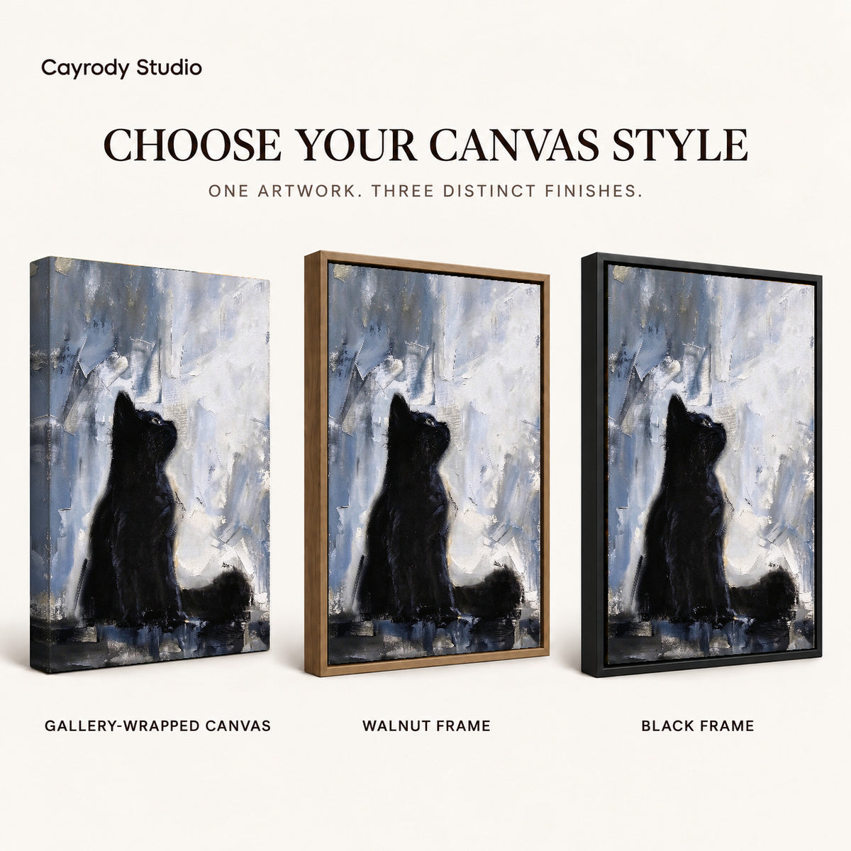 quiet black kitten canvas art compared across gallery-wrapped canvas, walnut frame, and black frame finishes.